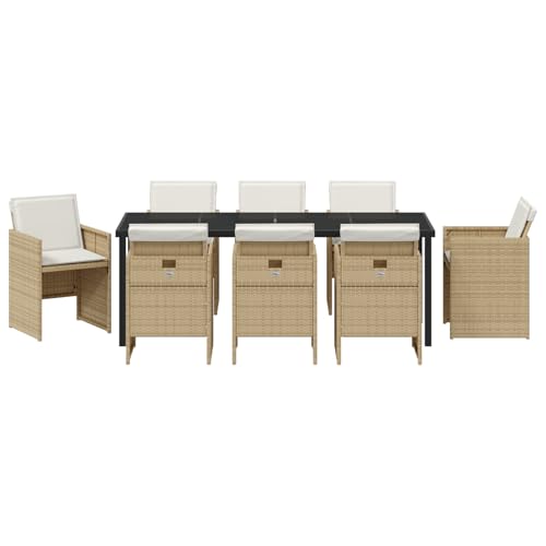 vidaXL 9-teiliges Garten-Essset mit Kissen Beige Poly Rattan