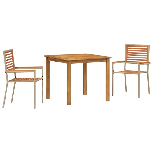 Rantry 3-tlg Garten-Essset Beige Poly Rattan & Akazie, 2 stapelbare Stühle mit Kissen, Gartenlounge Set Model3365513