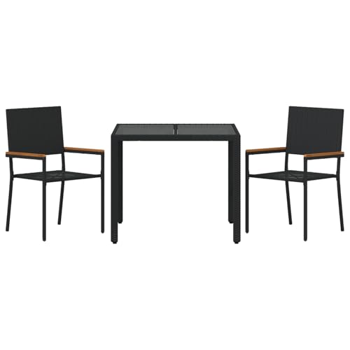Vopese 3-tlg Garten Essset Schwarz Poly-Rattan mit Kissen, 2 stapelbare Gartenstühle, Terrassenmöbel Außen Model3365384