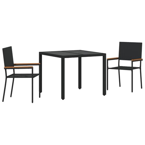 Vopese 3-tlg Garten Essset Schwarz Poly-Rattan mit Kissen, 2 stapelbare Gartenstühle, Terrassenmöbel Außen Model3365384