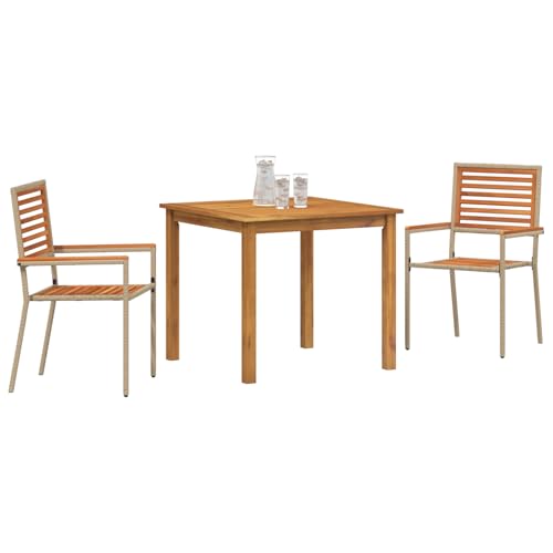 Rantry 3-tlg Garten-Essset Beige Poly Rattan & Akazie, 2 stapelbare Stühle mit Kissen, Gartenlounge Set Model3365513