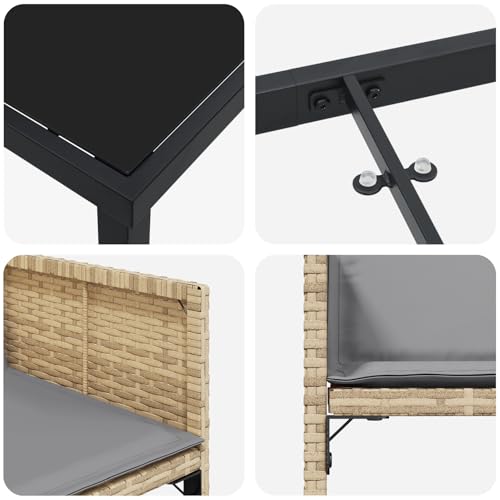 Rantry 5-tlg Garten Essset Beige Poly Rattan mit Kissen, Gartentisch Schwarz 80x80x73 cm Tempered Glass, Gartenlounge Model3380737
