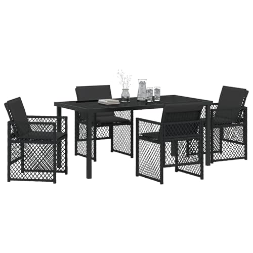 Homgoday 5-tlg Garten Essset Schwarz Poly Rattan mit Kissen, Gartentisch 160x80x73 cm Sicherheitsglas, Outdoor Möbel mit Sessel Model3380623