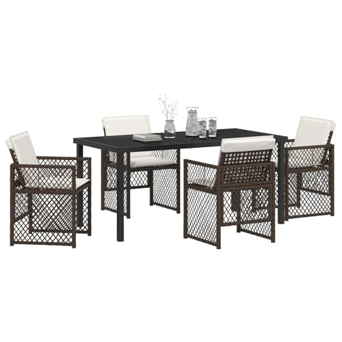 Homgoday 5-tlg Garten Essset Braun Poly Rattan mit Kissen, Gartentisch Schwarz 160x80x73 cm Tempered Glass, Outdoor Möbel mit Sessel Model3380631