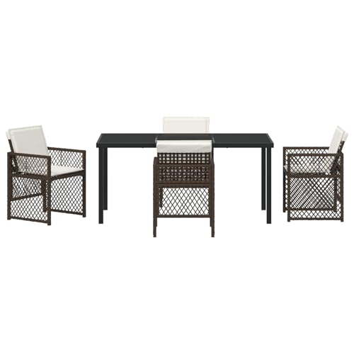 Homgoday 5-tlg Garten Essset Braun Poly Rattan mit Kissen, Gartentisch Schwarz 160x80x73 cm Tempered Glass, Outdoor Möbel mit Sessel Model3380631