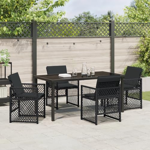 Homgoday 5-tlg Garten Essset Schwarz Poly Rattan mit Kissen, Gartentisch 160x80x73 cm Sicherheitsglas, Outdoor Möbel mit Sessel Model3380623