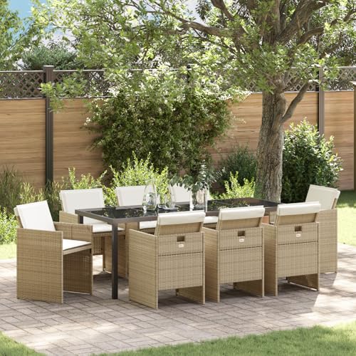 vidaXL 9-teiliges Garten-Essset mit Kissen Beige Poly Rattan