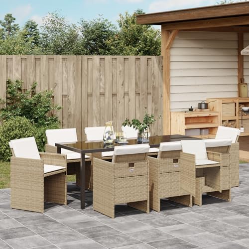 vidaXL 9-teiliges Garten-Essset mit Kissen Beige Poly Rattan