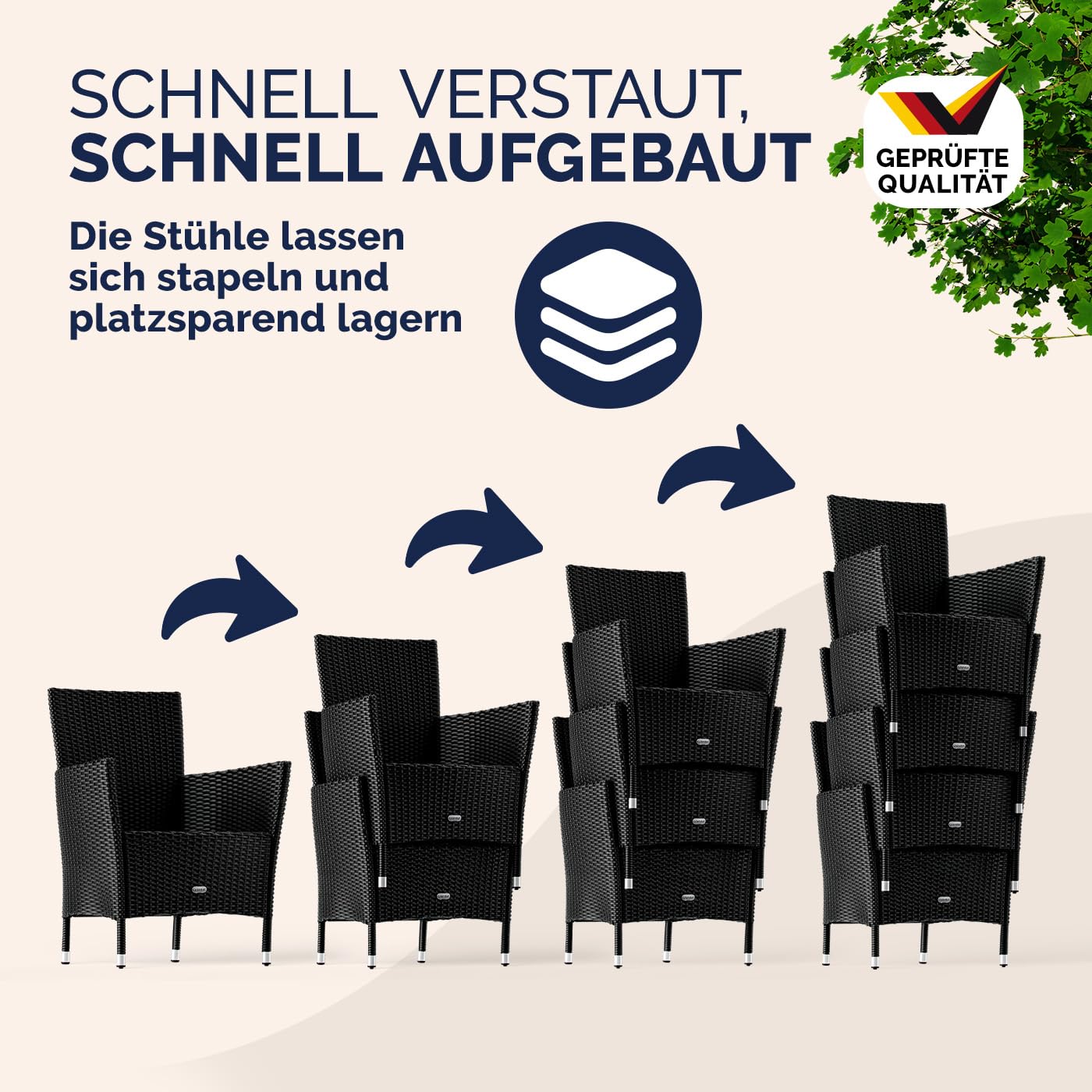 Casaria® Gartenmöbel Set für 8 Personen, Polyrattan Stühle mit 7 cm Polster & Abdeckung, Tisch 190x90 cm, stapelbar, wetterfest, Schwarz