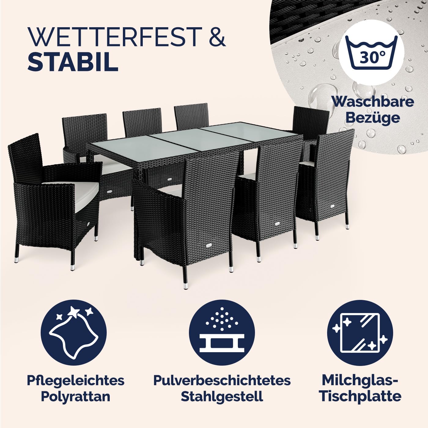 Casaria® Gartenmöbel Set für 8 Personen, Polyrattan Stühle mit 7 cm Polster & Abdeckung, Tisch 190x90 cm, stapelbar, wetterfest, Schwarz