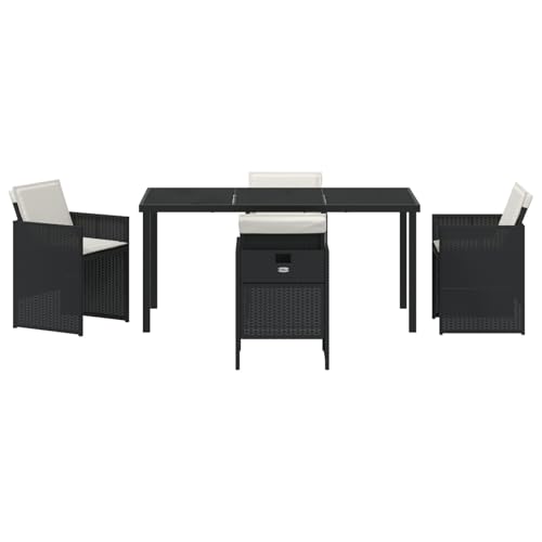 Vopese 5-tlg Garten Essset Schwarz Poly Rattan mit Kissen, Gartentisch 160x80x73 cm Gehärtetes Glas, Terrassenmöbel Außen Model3380591