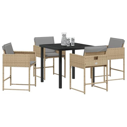 Rantry 5-tlg Garten Essset Beige Poly Rattan mit Kissen, Gartentisch Schwarz 80x80x73 cm Tempered Glass, Gartenlounge Model3380737