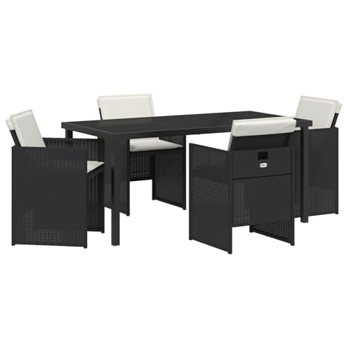 Vopese 5-tlg Garten Essset Schwarz Poly Rattan mit Kissen, Gartentisch 160x80x73 cm Gehärtetes Glas, Terrassenmöbel Außen Model3380591