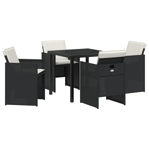 Homgoday 5-tlg Garten Essset, Schwarz Poly Rattan mit Polstern, Tisch 80x80x73cm ESG Glas, Outdoor Möbel mit Sesseln, Modell 3380589