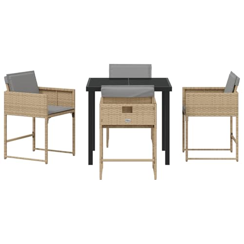 Rantry 5-tlg Garten Essset Beige Poly Rattan mit Kissen, Gartentisch Schwarz 80x80x73 cm Tempered Glass, Gartenlounge Model3380737
