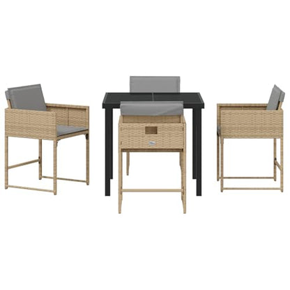 Rantry 5-tlg Garten Essset Beige Poly Rattan mit Kissen, Gartentisch Schwarz 80x80x73 cm Tempered Glass, Gartenlounge Model3380737