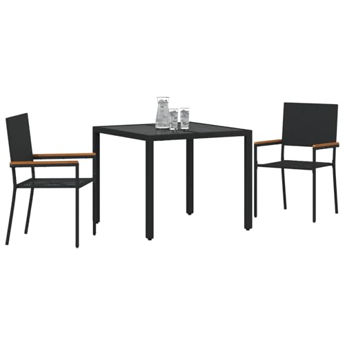 Vopese 3-tlg Garten Essset Schwarz Poly-Rattan mit Kissen, 2 stapelbare Gartenstühle, Terrassenmöbel Außen Model3365384