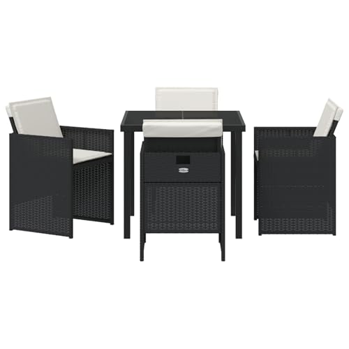 Homgoday 5-tlg Garten Essset, Schwarz Poly Rattan mit Polstern, Tisch 80x80x73cm ESG Glas, Outdoor Möbel mit Sesseln, Modell 3380589