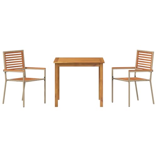 Rantry 3-tlg Garten-Essset Beige Poly Rattan & Akazie, 2 stapelbare Stühle mit Kissen, Gartenlounge Set Model3365513