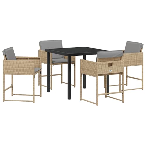 Rantry 5-tlg Garten Essset Beige Poly Rattan mit Kissen, Gartentisch Schwarz 80x80x73 cm Tempered Glass, Gartenlounge Model3380737