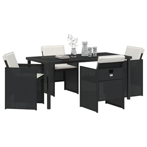 Vopese 5-tlg Garten Essset Schwarz Poly Rattan mit Kissen, Gartentisch 160x80x73 cm Gehärtetes Glas, Terrassenmöbel Außen Model3380591