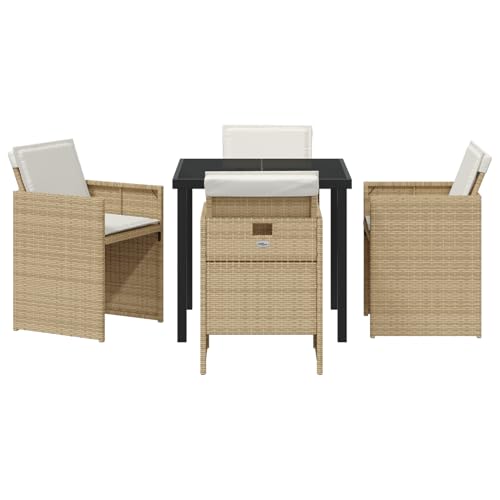 Homgoday 5-tlg Garten Essset Beige Poly Rattan mit Kissen, Gartentisch Schwarz 80x80x73 cm Temperglas, Outdoor Möbel mit Sessel Model3380605