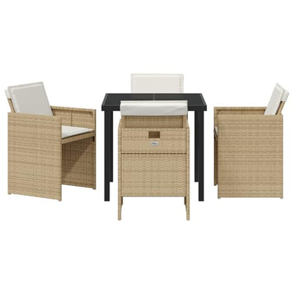 Homgoday 5-tlg Garten Essset Beige Poly Rattan mit Kissen, Gartentisch Schwarz 80x80x73 cm Temperglas, Outdoor Möbel mit Sessel Model3380605