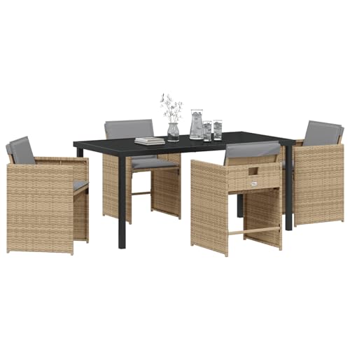 Vopese 5-tlg Garten Essset Beige Poly Rattan mit Kissen, Gartentisch Schwarz 160x80x73 cm Sicherheitsglas, Terrassenmöbel Außen Model3380711
