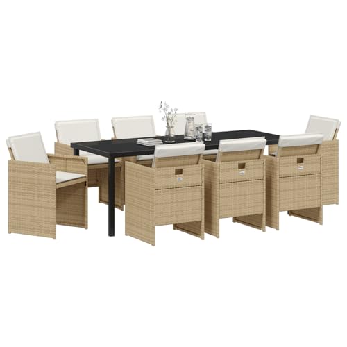 vidaXL 9-teiliges Garten-Essset mit Kissen Beige Poly Rattan