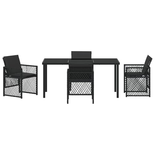 Homgoday 5-tlg Garten Essset Schwarz Poly Rattan mit Kissen, Gartentisch 160x80x73 cm Sicherheitsglas, Outdoor Möbel mit Sessel Model3380623