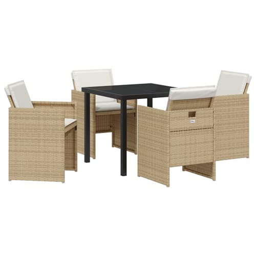 Homgoday 5-tlg Garten Essset Beige Poly Rattan mit Kissen, Gartentisch Schwarz 80x80x73 cm Temperglas, Outdoor Möbel mit Sessel Model3380605
