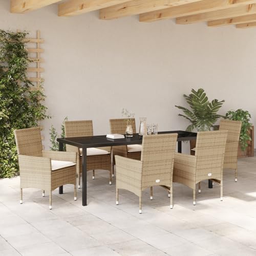 vidaXL 7-teiliges Garten Essset mit Kissen Beige Poly Rattan