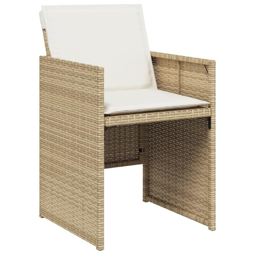 Homgoday 5-tlg Garten Essset Beige Poly Rattan mit Kissen, Gartentisch Schwarz 80x80x73 cm Temperglas, Outdoor Möbel mit Sessel Model3380605