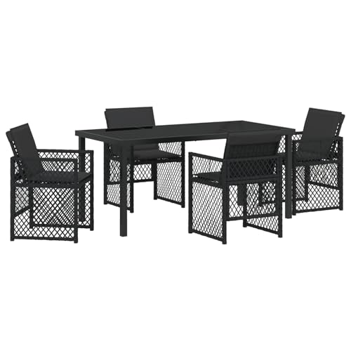 Homgoday 5-tlg Garten Essset Schwarz Poly Rattan mit Kissen, Gartentisch 160x80x73 cm Sicherheitsglas, Outdoor Möbel mit Sessel Model3380623