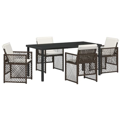 Homgoday 5-tlg Garten Essset Braun Poly Rattan mit Kissen, Gartentisch Schwarz 160x80x73 cm Tempered Glass, Outdoor Möbel mit Sessel Model3380631