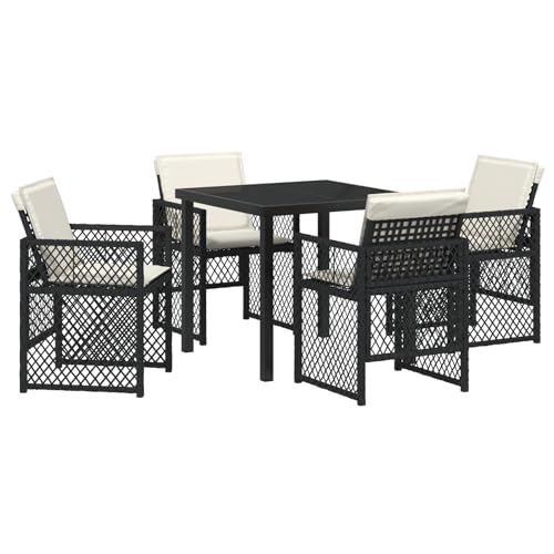 Vopese 5-tlg Garten-Essset Schwarz Poly Rattan mit Kissen, Gartentisch 80x80x73 cm Tempered Glass, Terrassenmöbel Außen Model3380617