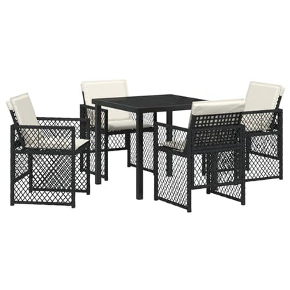 Vopese 5-tlg Garten-Essset Schwarz Poly Rattan mit Kissen, Gartentisch 80x80x73 cm Tempered Glass, Terrassenmöbel Außen Model3380617