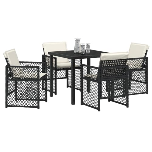 Vopese 5-tlg Garten-Essset Schwarz Poly Rattan mit Kissen, Gartentisch 80x80x73 cm Tempered Glass, Terrassenmöbel Außen Model3380617