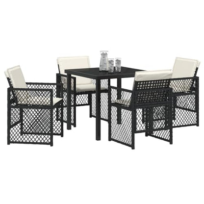 Rantry 5-tlg Garten-Essset Schwarz Poly Rattan mit Kissen, Gartentisch 80x80x73 cm Tempered Glass, Gartenlounge Model3380617