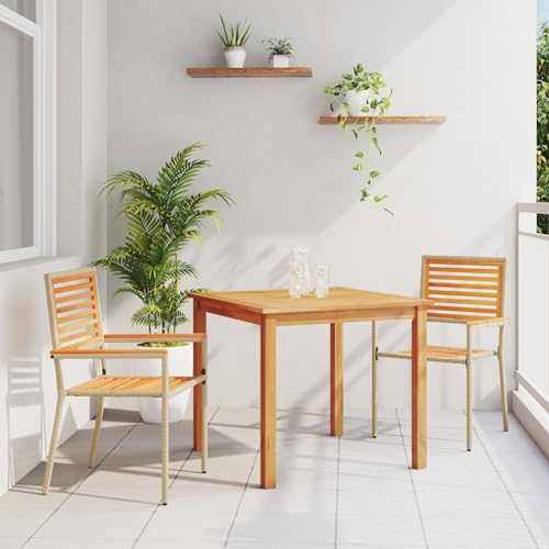 Rantry 3-tlg Garten-Essset Beige Poly Rattan & Akazie, 2 stapelbare Stühle mit Kissen, Gartenlounge Set Model3365513