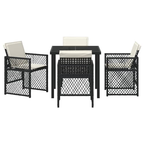 Vopese 5-tlg Garten-Essset Schwarz Poly Rattan mit Kissen, Gartentisch 80x80x73 cm Tempered Glass, Terrassenmöbel Außen Model3380617