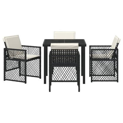 Vopese 5-tlg Garten-Essset Schwarz Poly Rattan mit Kissen, Gartentisch 80x80x73 cm Tempered Glass, Terrassenmöbel Außen Model3380617