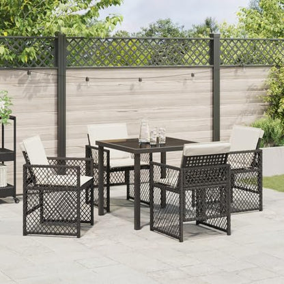 Rantry 5-tlg Garten-Essset Schwarz Poly Rattan mit Kissen, Gartentisch 80x80x73 cm Tempered Glass, Gartenlounge Model3380617
