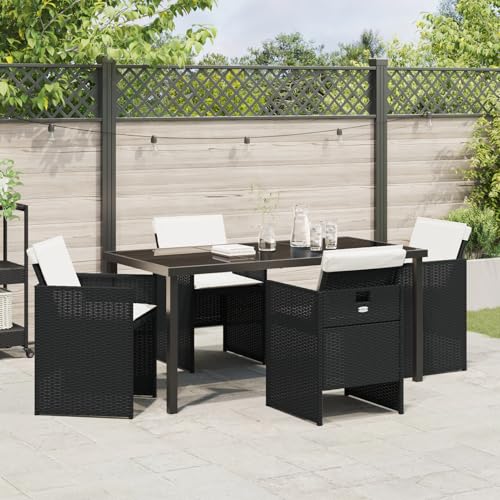 Rantry 5-tlg Garten Essset Schwarz Poly Rattan mit Kissen, Gartentisch 160x80x73 cm Gehärtetes Glas, Gartenlounge Model3380591