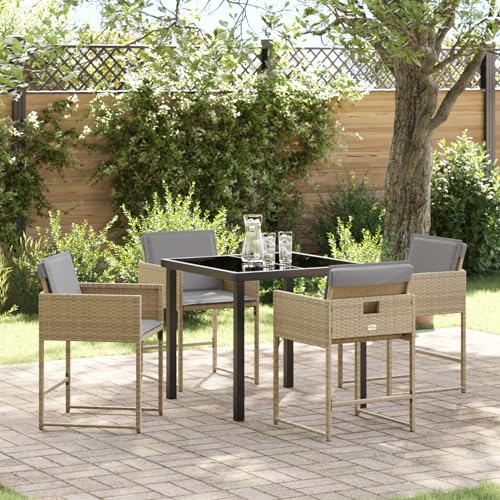 Rantry 5-tlg Garten Essset Beige Poly Rattan mit Kissen, Gartentisch Schwarz 80x80x73 cm Tempered Glass, Gartenlounge Model3380737