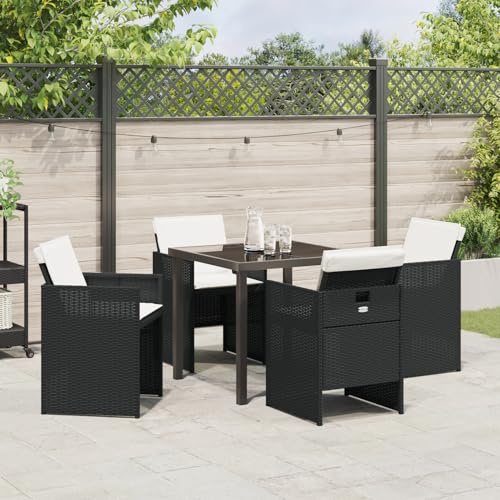 Homgoday 5-tlg Garten Essset, Schwarz Poly Rattan mit Polstern, Tisch 80x80x73cm ESG Glas, Outdoor Möbel mit Sesseln, Modell 3380589