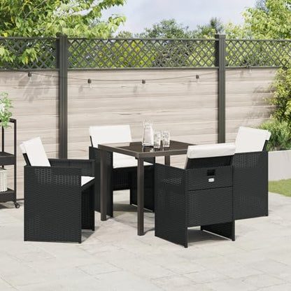 Homgoday 5-tlg Garten Essset, Schwarz Poly Rattan mit Polstern, Tisch 80x80x73cm ESG Glas, Outdoor Möbel mit Sesseln, Modell 3380589
