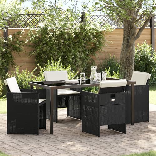 Rantry 5-tlg Garten Essset Schwarz Poly Rattan mit Kissen, Gartentisch 160x80x73 cm Gehärtetes Glas, Gartenlounge Model3380591