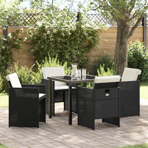 Homgoday 5-tlg Garten Essset, Schwarz Poly Rattan mit Polstern, Tisch 80x80x73cm ESG Glas, Outdoor Möbel mit Sesseln, Modell 3380589
