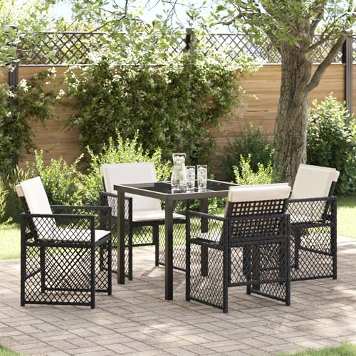 Rantry 5-tlg Garten-Essset Schwarz Poly Rattan mit Kissen, Gartentisch 80x80x73 cm Tempered Glass, Gartenlounge Model3380617